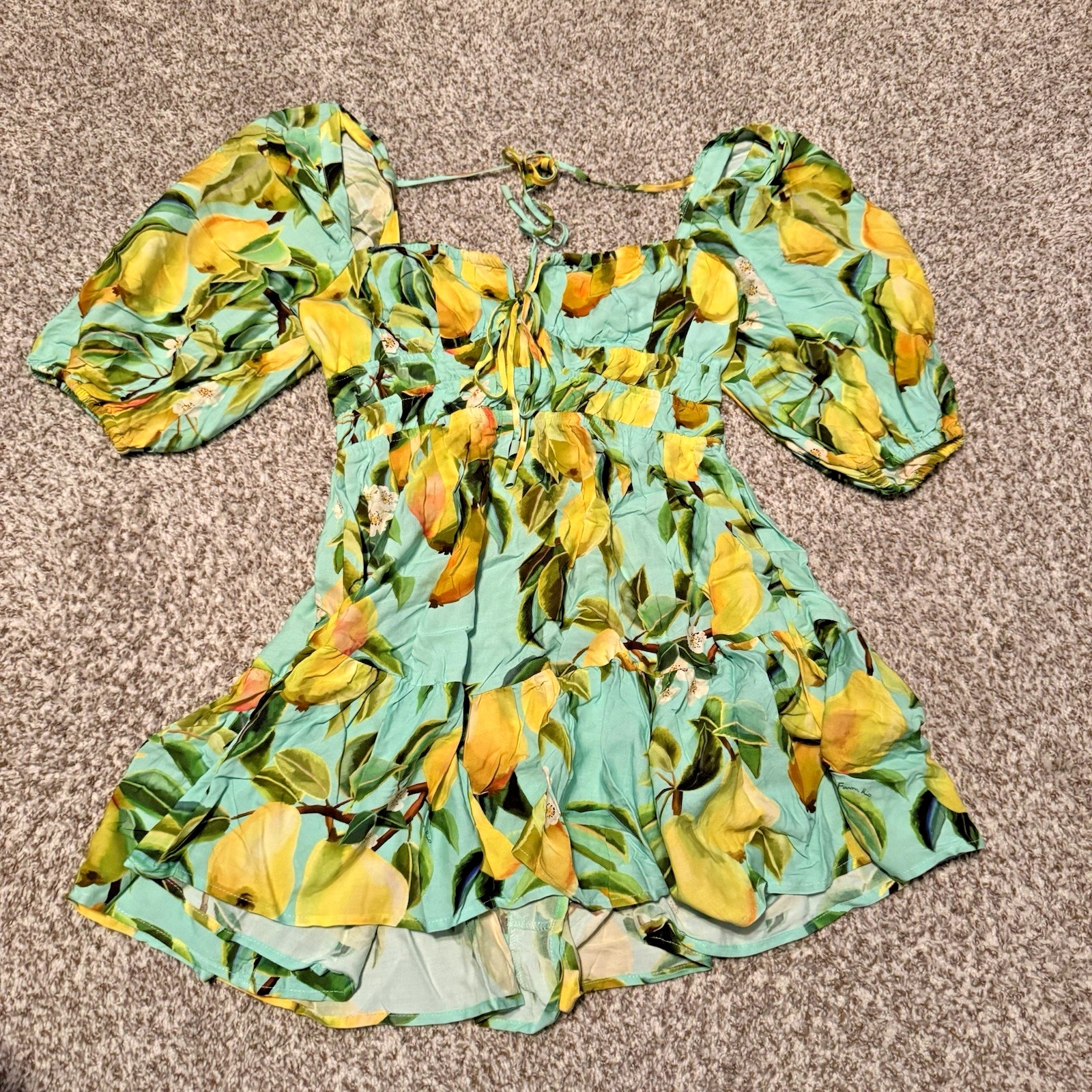 Farm Rio Medium Green Lemon Tree Open Back Balloon Sleeve Romper Viscose New